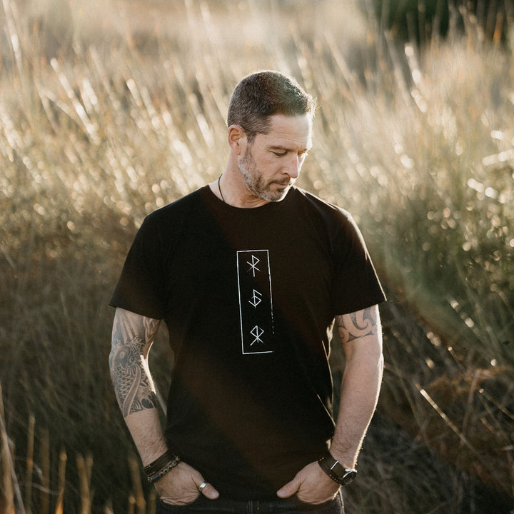 This Organic Cotton teeshirt has been designed incorporating the Ancient Viking Symbols of Love | Health | Courage
