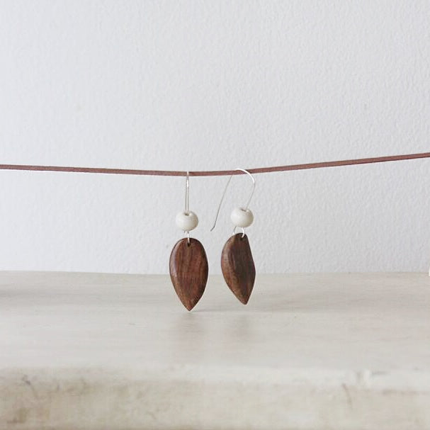 Woodfolk - Natural Wood and Ceramic Pear Drop Earrings - the good tonic